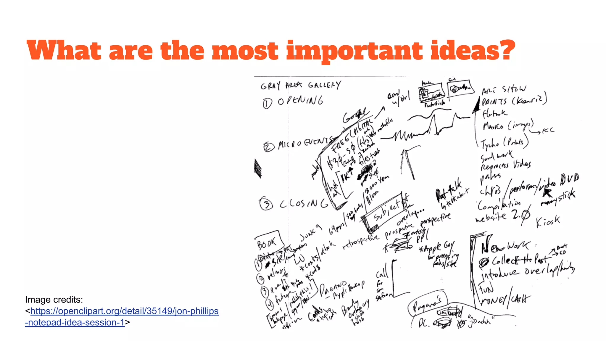 What are the most important ideas?
Image credits:
<https://openclipart.org/detail/35149/jon-phillips
-notepad-idea-session-1>
 