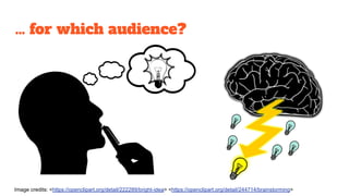 … for which audience?
Image credits: <https://openclipart.org/detail/222289/bright-idea> <https://openclipart.org/detail/244714/brainstorming>
 
