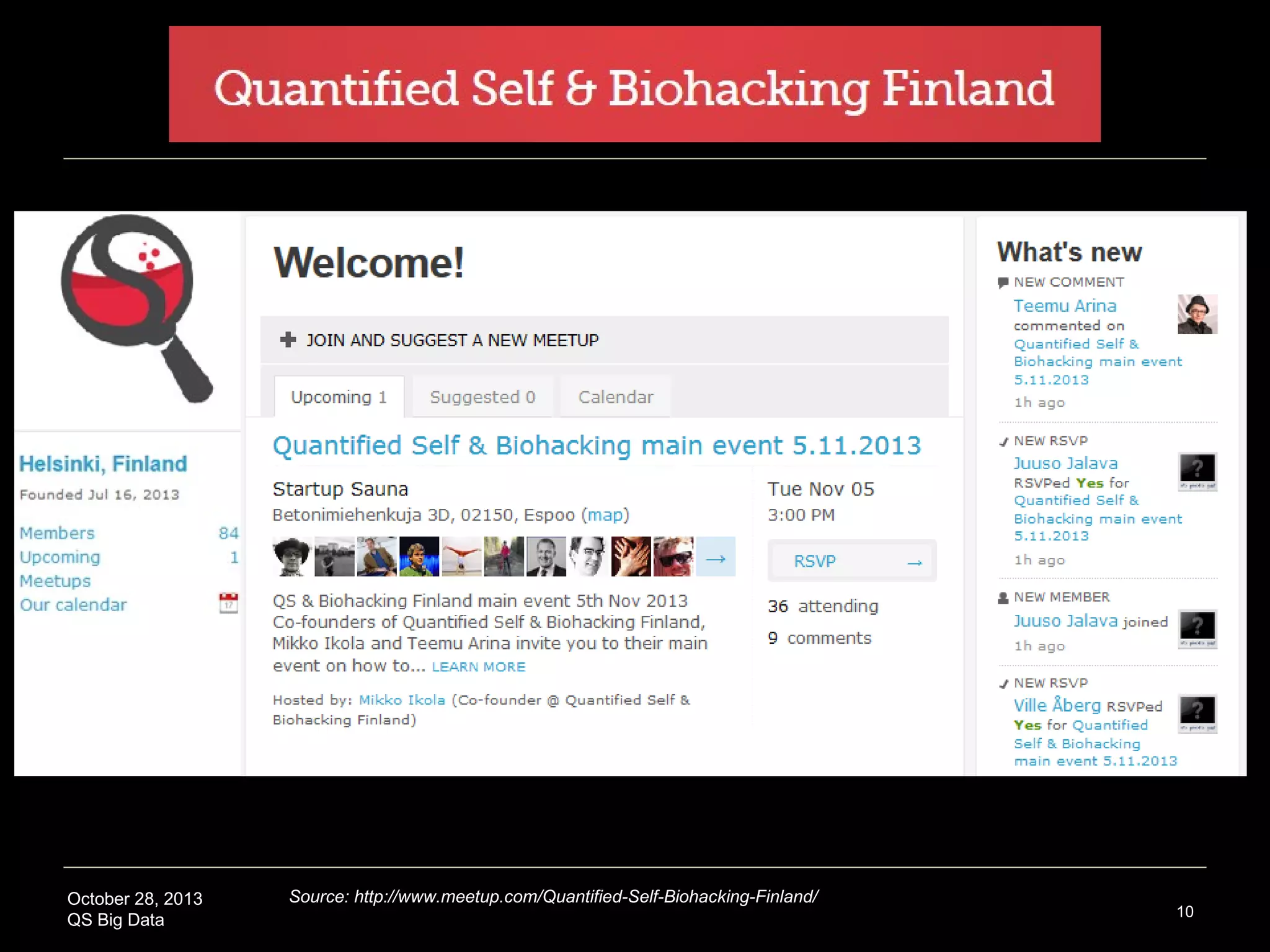 October 28, 2013
QS Big Data

Source: http://www.meetup.com/Quantified-Self-Biohacking-Finland/

10

 