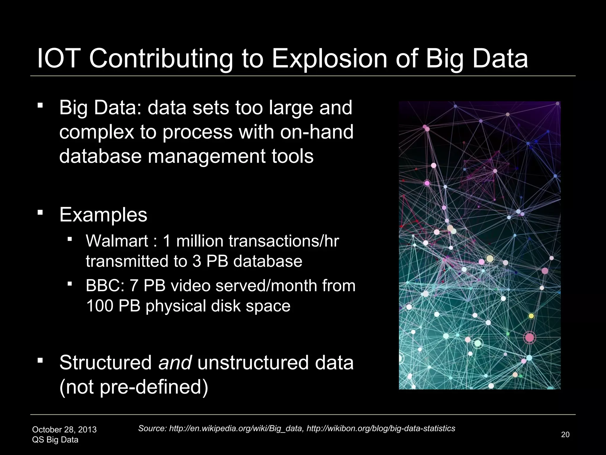 IOT World of Smart Matter


IOT Definition: digital networks of
physical objects linked by the Internet
that interact through web services



Usual gadgetry (e.g.; smartphones,
tablets) and now everyday objects:
cars, food, clothing, appliances,
materials, parts, buildings, roads



Embedded microprocessors in 5%
human-constructed objects (2012)1

October 28, 2013
QS Big Data

Source: Vinge, V. Who’s Afraid of First Movers? The Singularity Summit 2012.
http://singularitysummit.com/schedule
1

20

 