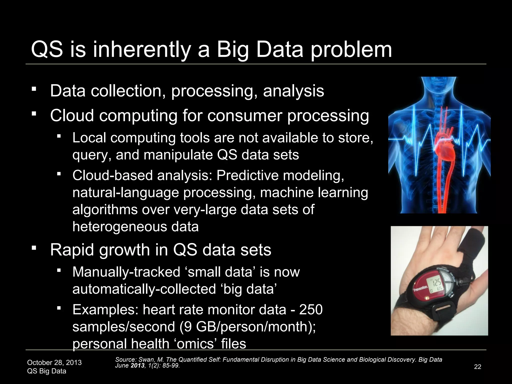 Defining Trend of Current Era: Big Data




Annual data creation on the order of zetabytes
90% of the world’s data created in the last 2 years
Fastest growing segment: human biology-related data

2 year doubling cycle

October 28, 2013
QS Big Data

Source: Mary Meeker, Internet Trends, http://www.kpcb.com/insights/2013-internet-trends
http://www.intel.com/content/dam/www/public/us/en/documents/white-papers/healthcare-leveraging-big-data-paper.pdf

22

 