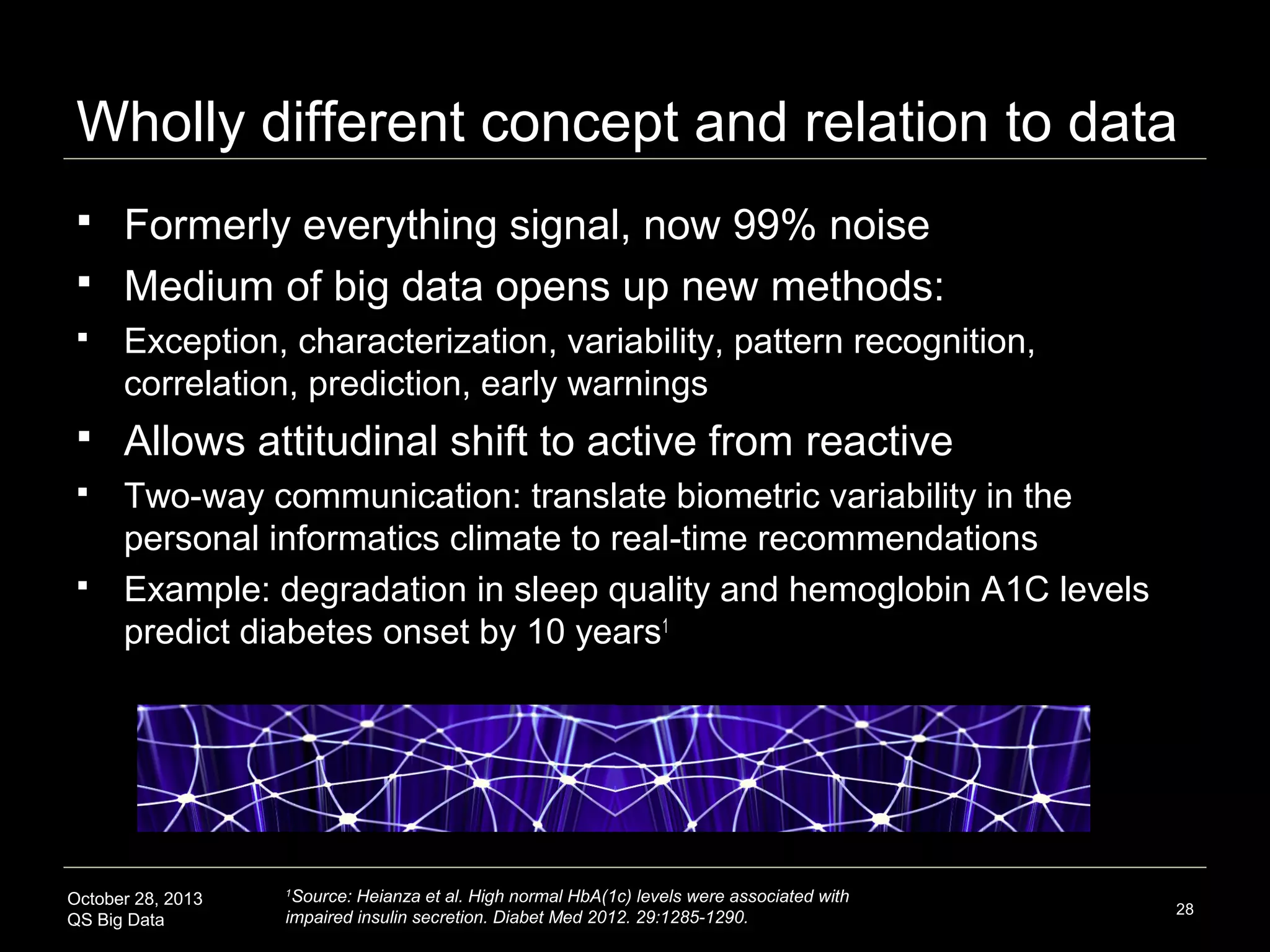 Sen.se Integrated QS Dashboard


‘Mulitviz’ display: investigate correlation between coffee
consumption, social interaction, and mood

October 28, 2013
QS Big Data

Source: http://blog.sen.se/post/19174708614/mashups-turning-your-data-intosomething-useable-and

28

 