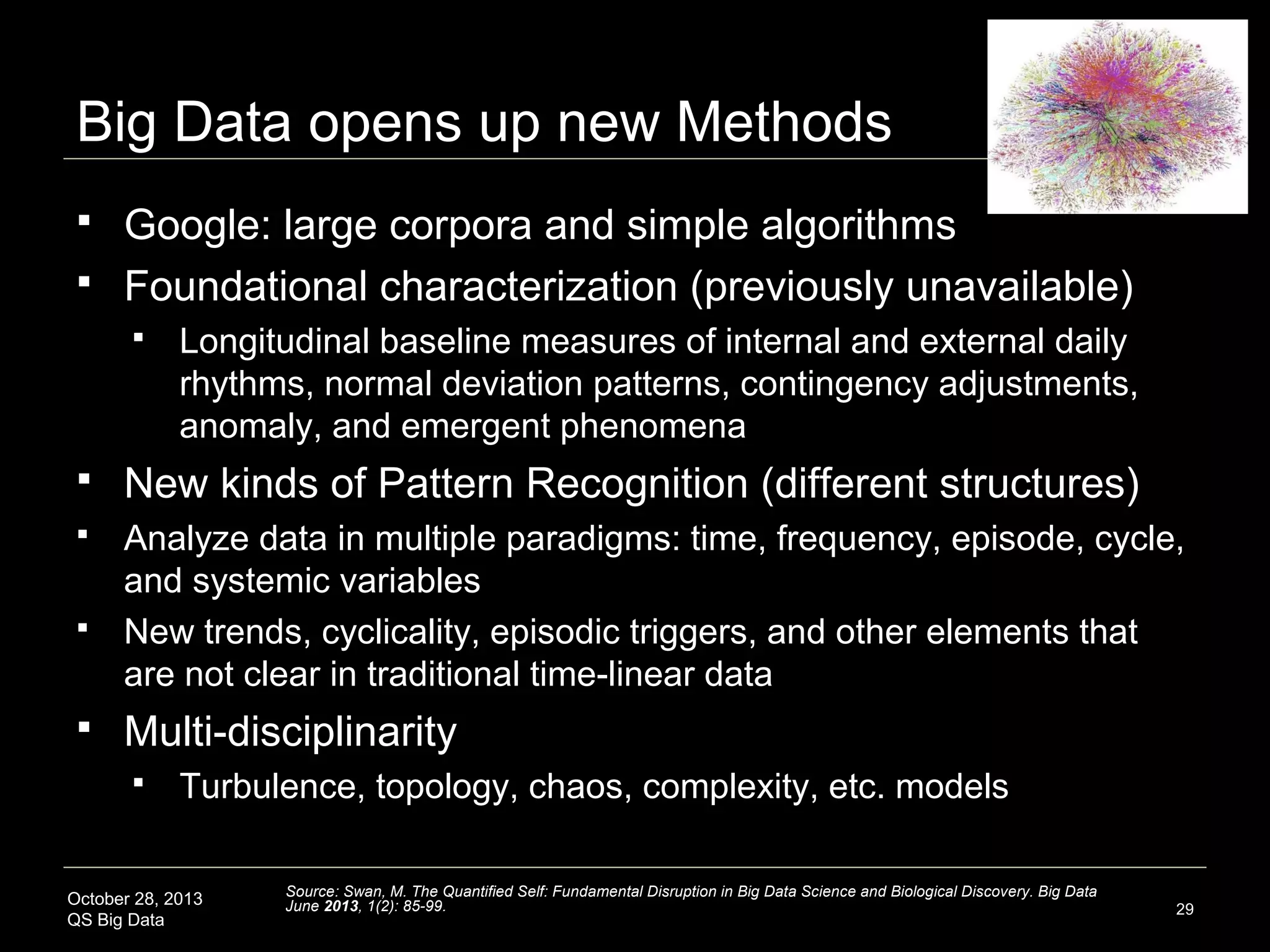 Wholly different concept and relation to data



Formerly everything signal, now 99% noise
Medium of big data opens up new methods:



Exception, characterization, variability, pattern recognition,
correlation, prediction, early warnings



Allows attitudinal shift to active from reactive



Two-way communication: translate biometric variability in the
personal informatics climate to real-time recommendations
Example: degradation in sleep quality and hemoglobin A1C levels
predict diabetes onset by 10 years1



October 28, 2013
QS Big Data

Source: Heianza et al. High normal HbA(1c) levels were associated with
impaired insulin secretion. Diabet Med 2012. 29:1285-1290.
1

29

 