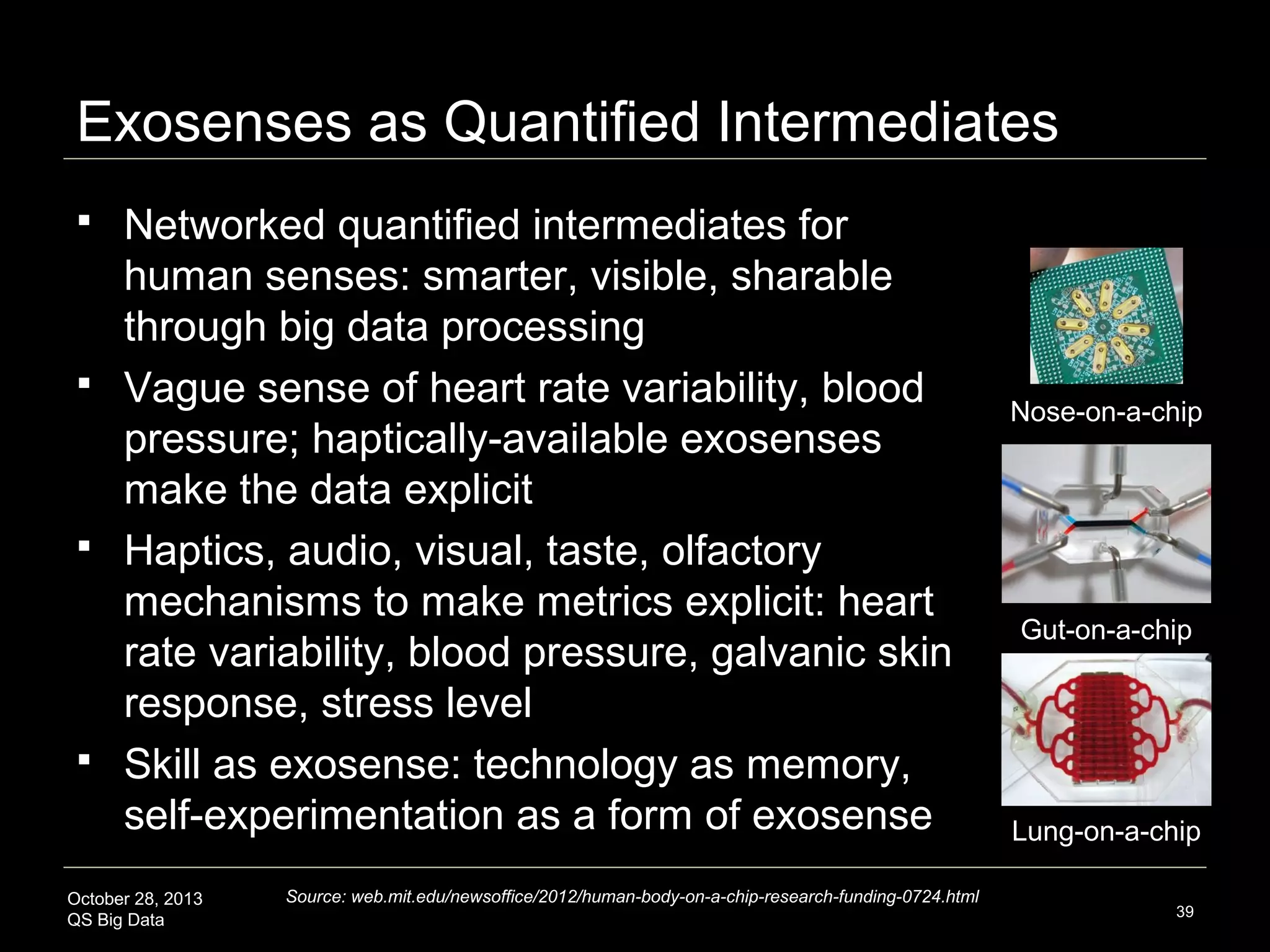 Building Exosenses for the Qualified Self
Extending our senses in new ways to perceive data as sensation
Magnetic Sense: Finger and Arm Magnets

North Paw Haptic Compass Anklet and Heart Spark
http://www.youtube.com/watch?v=D4shfNufqSg
http://sensebridge.net/projects/heart-spark

October 28, 2013
QS Big Data

Serendipitous Joy: Smiletriggered EMG muscle sensor
with an LED headband display

Source: Swan, M. Sensor Mania! The Internet of Things, Objective Metrics, and the Quantified
Self 2.0. J Sens Actuator Netw 2012.

39

 
