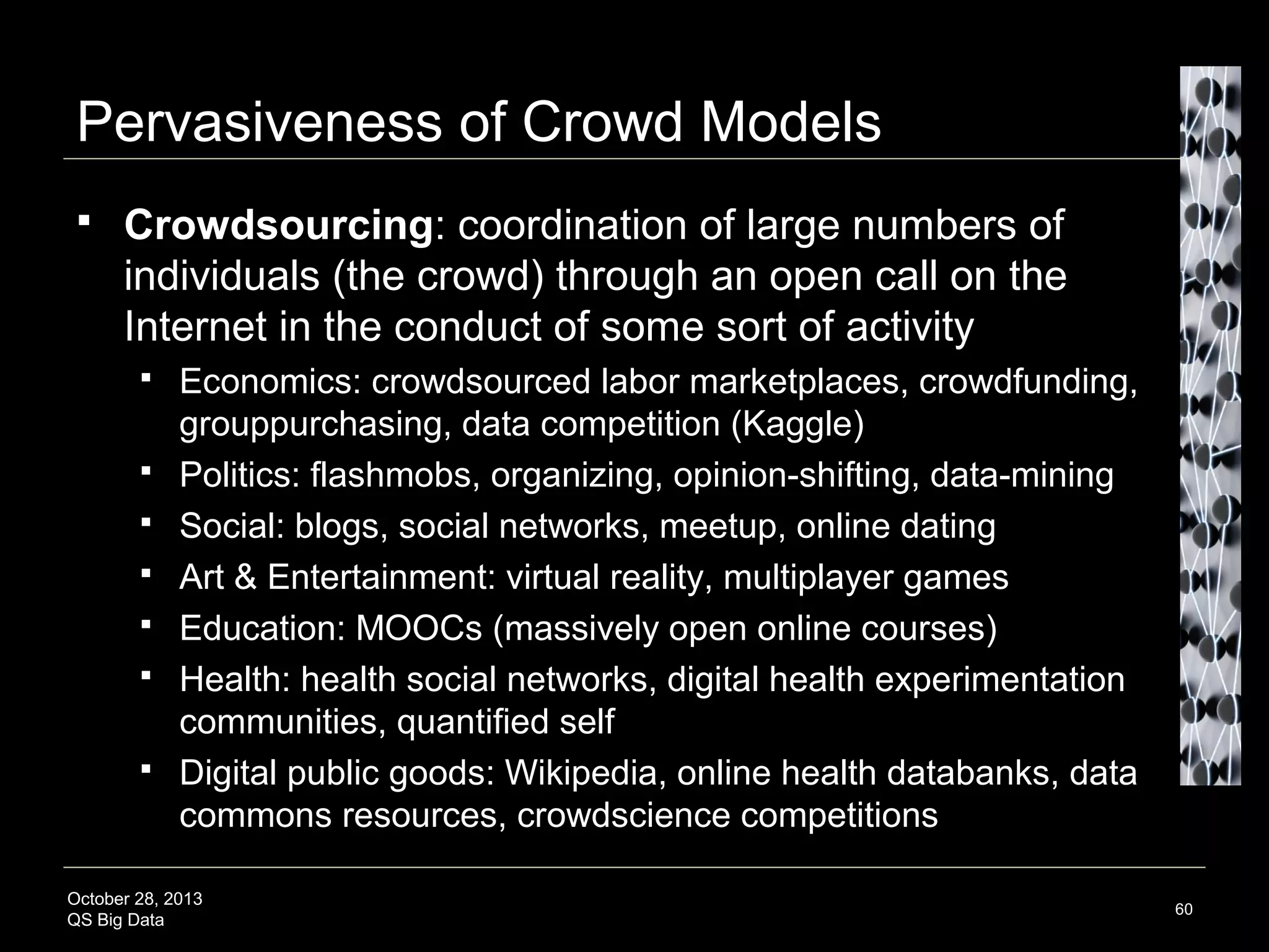 Crowdsourcing

October 28, 2013
QS Big Data

Source: Eric Whitacre's Virtual Choir 3, 'Water Night' (2012), http://www.youtube.com/watch?v=V3rRaL-Czxw

60

 