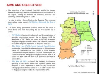 AIMS AND OBJECTIVES:
• The objectives of the Regional Plan-2001 notified in January
1989 were to achieve a balanced and harmonious development of
the region, leading to dispersal of economic activities and
deflecting future in-migrants to Delhi.
• In order to achieve these objectives the Regional Plan proposed
three policy zones, namely, NCT-Delhi, DMA and the Rest of
NCR.
• The broad policy parameters for these zones and the extent to
which these have been met during the last two decades are as
under:
• NCT-Delhi to have restricted growth and decentralization of
activities concentrated therein. As per Census 2011 the
population of NCT Delhi has grown to 167 lakh as against
the projected population of 179 lakh for 2011 which recorded
93% of the proposed population of Regional Plan 2021.
• The DMA, (now CNCR-Central National Capital Region)
includes the controlled/development areas of the contiguous
towns of Ghaziabad-Loni and Noida in Uttar Pradesh,
Faridabad-Ballabhgarh complex, Gurgaon, Bahadurgarh and
Kundli in Haryana. The population projection for the CNCR
towns was 51.0 lakh but the CNCR population reached 56
lakh in 2011.
• The Rest of NCR envisaged for induced development
specially of the twelve metro and regional centres were
projected to have a population of 48.60 lakh by 2011 but the
actual population of these centres is 44.11 lakh which is 91%
of the population proposed in the Regional Plan 2021.
Sources: Draft Regional Plan-2041 For NCR
Fig: National Capital Region
 