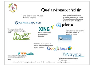 Quels réseaux choisir
                           Chic, et réseau social de la jetset                                    Plutôt qu'un vrai réseau social,
                           Parrainage obligatoire,                                                Un outil de mise à jour de carnet
                                                                                                  d'adresses. Fonction informations
                                                                                                  réseau via les email Plaxo Pulse




"1er réseau social dédié à
l'emploi", tout récent, français                                                                       Réseau consacré aux expatriés
(Lyon).                                               Réseau professionnel                             avec accent mis sur les
                                                      actif surtout en                                 rencontres en réel.
                                                      Allemagne



                                               L'initiative de Google sur le
                                               terrain des réseaux sociaux. Pas
                                               encore probant.




Réseau né en Asie (Bangladesh)
apparemment actif en Inde et                                                               Tentative de type Plaxo, mais qui
région                                                                                     n'a pas percé.
        © Vincent Giolito - vincent.giolito@nouvelle-carriere.fr - Emmanuel Laignelet emmanuel.laignelet@gmail.com
 