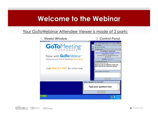 Welcome to the Webinar
Your GoToWebinar Attendee Viewer is made of 2 parts:
        1. Viewer Window               2. Control Panel




                                Type your question here




                                                          #LiveWebinar
 