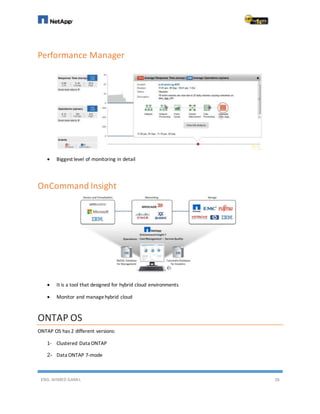 ENG. AHMED GAMIL 26
Performance Manager
 Biggest level of monitoring in detail
OnCommand Insight
 It is a tool that designed for hybrid cloud environments
 Monitor and managehybrid cloud
ONTAP OS
ONTAP OS has 2 different versions:
1- Clustered Data ONTAP
2- Data ONTAP 7-mode
 