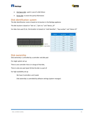 ENG. AHMED GAMIL 31
 Hot Spare disk: used in case of a disk failure
 Parity disk: to store the parity information
Disk identification system
The disk identification name is based on its location in the NetApp appliance
The disk location is based on “slot no.”, “port no.” and “device_ID”
For disks that used FC-AL: the location is based on “shelf identifier”, “bay number” and “device ID”
Disk ownership
Disk ownership is controlled by a controller and disk pool
For single system set up
There is one controller that is in charge of that disk,
There is only one pool (pool 0) that the disk is a part of
For high availability set up
We have 2 controllers and 2 pools
Disk ownership is controlled by software settings (system manager)
 