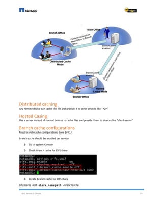 ENG. AHMED GAMIL 74
Distributed caching
Any remote device can cache the file and provide it to other devices like “P2P”
Hosted Casing
Use a server instead of normal devices to cache files and provide them to devices like “client-server”
Branch cache configurations
Most branch cache configurations done by CLI
Branch cache should be enabled per service
1- Go to system Console
2- Check Branch cache for CIFS share
3- Create Branch cache for CIFS share
cifs shares -add share_name path –branchcache
 