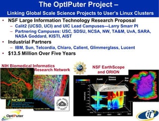 The OptIPuter Project –    Linking Global Scale Science Projects to User’s Linux Clusters NSF Large Information Technology Research Proposal Calit2 (UCSD, UCI) and UIC Lead Campuses—Larry Smarr PI Partnering Campuses: USC, SDSU, NCSA, NW, TA&M, UvA, SARA, NASA Goddard, KISTI, AIST Industrial Partners IBM, Sun, Telcordia, Chiaro, Calient, Glimmerglass, Lucent $13.5 Million Over Five Years NIH Biomedical Informatics NSF EarthScope and ORION Research Network 