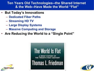 Ten Years Old Technologies--the Shared Internet  & the Web--Have Made the World “Flat” But Today’s Innovations Dedicated Fiber Paths Streaming HD TV Large Display Systems Massive Computing and Storage Are Reducing the World to a “Single Point”  