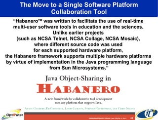 The Move to a Single Software Platform Collaboration Tool “ Habanero TM  was written to facilitate the use of real-time  multi-user software tools in education and the sciences.  Unlike earlier projects  (such as NCSA Telnet, NCSA Collage, NCSA Mosaic),  where different source code was used  for each supported hardware platform,  the Habanero framework supports multiple hardware platforms  by virtue of implementation in the Java programming language from Sun Microsystems.” 