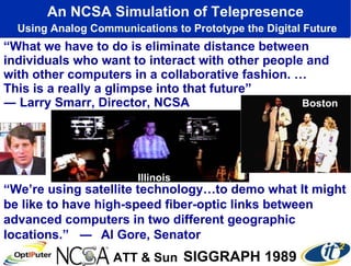 “ What we have to do is eliminate distance between individuals who want to interact with other people and with other computers in a collaborative fashion. …  This is a really a glimpse into that future” ― Larry Smarr, Director, NCSA An NCSA Simulation of Telepresence Using Analog Communications to Prototype the Digital Future SIGGRAPH 1989 ATT & Sun “ We’re using satellite technology…to demo what It might be like to have high-speed fiber-optic links between advanced computers in two different geographic locations.”  ― Al Gore, Senator Illinois Boston 
