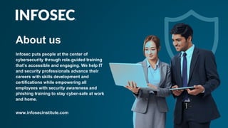 About us
Infosec puts people at the center of
cybersecurity through role-guided training
that’s accessible and engaging. We help IT
and security professionals advance their
careers with skills development and
certifications while empowering all
employees with security awareness and
phishing training to stay cyber-safe at work
and home.
www.infosecinstitute.com
 