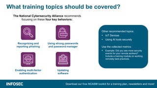 What training topics should be covered?
Other recommended topics:
• IoT Devices
• Using AI tools securely
Use the collected metrics:
• Example: Did you see more security
events for your remote workers?
Include a training module on working
remotely best practices.
The National Cybersecurity Alliance recommends
focusing on these four key behaviors:
Recognizing and
reporting phishing
Using strong passwords
and password manager
Enabling multi-factor
authentication
Updating
software
Download our free NCASM toolkit for a training plan, newsletters and more!
 