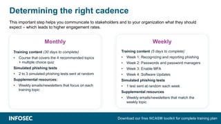 Determining the right cadence
Weekly
Training content (30 days to complete)
• Course that covers the 4 recommended topics
+ multiple choice quiz
Simulated phishing tests
• 2 to 3 simulated phishing tests sent at random
Supplemental resources:
• Weekly emails/newsletters that focus on each
training topic
Monthly
Training content (5 days to complete)
• Week 1: Recognizing and reporting phishing
• Week 2: Passwords and password managers
• Week 3: Enable MFA
• Week 4: Software Updates
Simulated phishing tests
• 1 test sent at random each week
Supplemental resources
• Weekly emails/newsletters that match the
weekly topic
This important step helps you communicate to stakeholders and to your organization what they should
expect – which leads to higher engagement rates.
Download our free NCASM toolkit for complete training plan
 