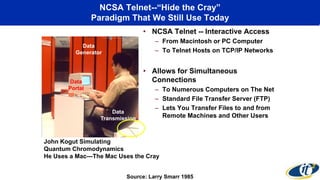 NCSA Telnet--“Hide the Cray”
Paradigm That We Still Use Today
• NCSA Telnet -- Interactive Access
– From Macintosh or PC Computer
– To Telnet Hosts on TCP/IP Networks
• Allows for Simultaneous
Connections
– To Numerous Computers on The Net
– Standard File Transfer Server (FTP)
– Lets You Transfer Files to and from
Remote Machines and Other Users
John Kogut Simulating
Quantum Chromodynamics
He Uses a Mac—The Mac Uses the Cray
Source: Larry Smarr 1985
Data
Generator
Data
Portal
Data
Transmission
 