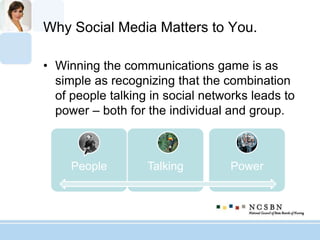 Why Social Media Matters to You.
• Winning the communications game is as
simple as recognizing that the combination
of people talking in social networks leads to
power – both for the individual and group.
People Talking Power
 