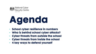 Agenda
• School cyber resilience in numbers
• Who is behind school cyber attacks?
• Cyber threats from outside the school
• Cyber threats from inside the school
• 4 key ways to defend yourself
 