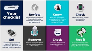 Review the privacy
settings for your social
media, professional
networking sites and app
accounts.
Review
Know who to report any
unusual activity to. If
you’re not sure, ask your
line manager or IT team.
Know
Check your device is set
to receive updates
automatically.
Check
Remove any apps that
have not been
downloaded from official
stores.
Remove
Check that the
password for your
work account is
unique.
Check
If it’s not possible to
follow security advice,
process or policy - flag it
to your IT team.
Flag it
Set a strong password and
switch on two-factor
authentication, if available,
for your most important
accounts.
Set
Your
checklist
Summary
 