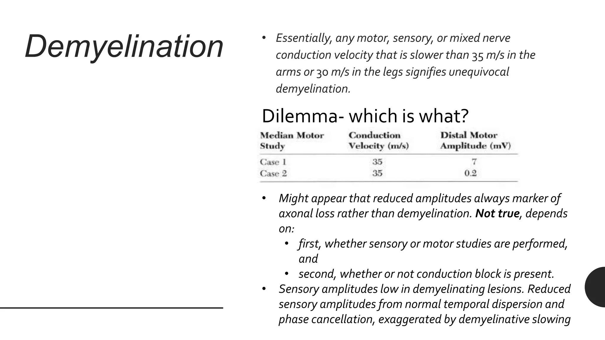 Demyelination • Essentially, any motor, sensory, or mixed nerve
conduction velocity that is slower than 35 m/s in the
arms or 30 m/s in the legs signifies unequivocal
demyelination.
Dilemma- which is what?
• Might appear that reduced amplitudes always marker of
axonal loss rather than demyelination. Not true, depends
on:
• first, whether sensory or motor studies are performed,
and
• second, whether or not conduction block is present.
• Sensory amplitudes low in demyelinating lesions. Reduced
sensory amplitudes from normal temporal dispersion and
phase cancellation, exaggerated by demyelinative slowing
 