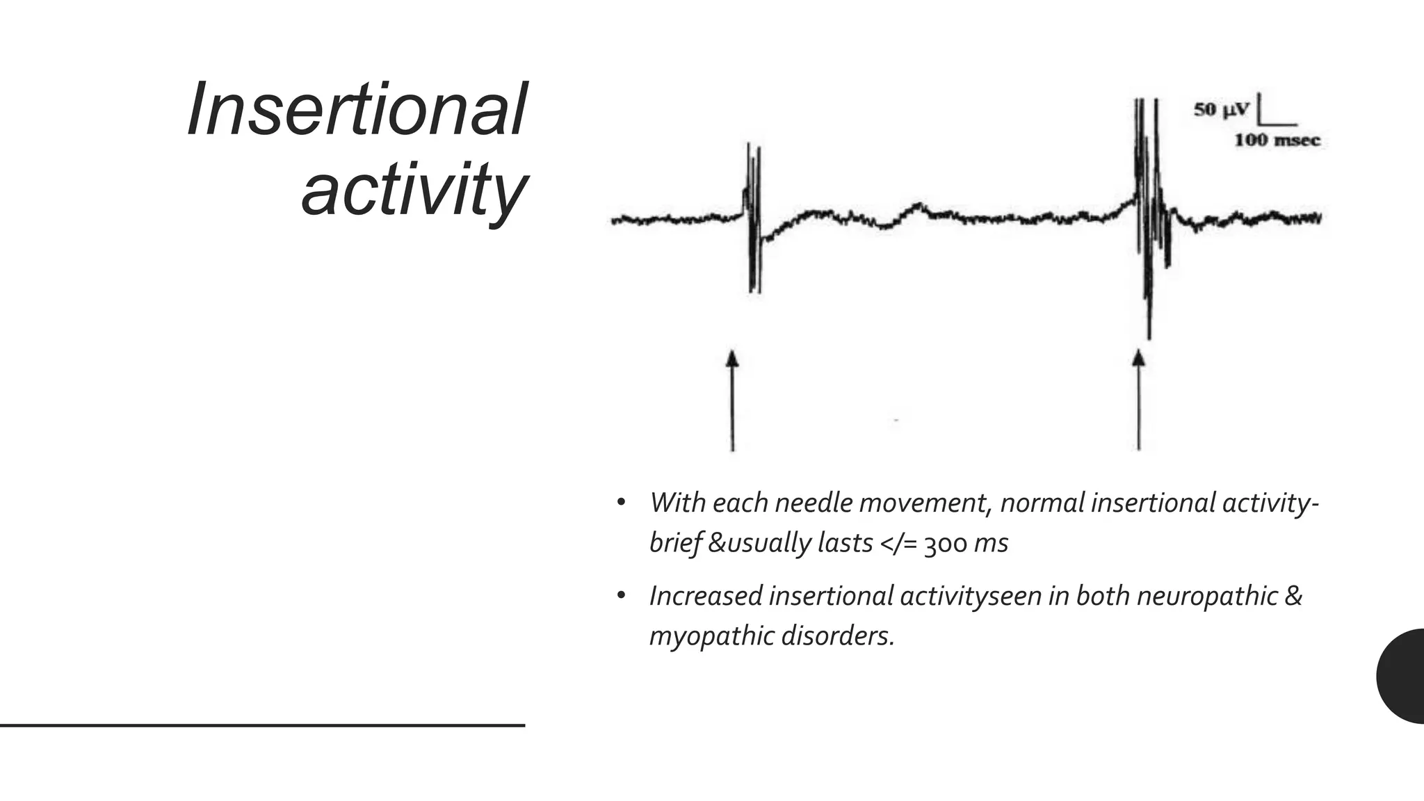 Insertional
activity
• With each needle movement, normal insertional activity-
brief &usually lasts </= 300 ms
• Increased insertional activityseen in both neuropathic &
myopathic disorders.
 