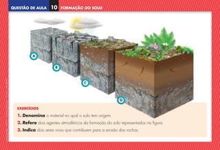 QUESTÃO DE AULA
©
AREAL
EDITORES
–
NCSI
5
–
Ciências
Naturais
–
5.º
ano
–
cód.
89452
FORMAÇÃO DO SOLO
10
EXERCÍCIOS
1. 
Denomina o material no qual o solo tem origem.
2. Refere dois agentes atmosféricos da formação do solo representados na figura.
3. Indica dois seres vivos que contribuem para a erosão das rochas.
A
C
D
B
NCSI5QA_20160029_P001_065_3P.indd 11 7/4/16 4:52 PM
 