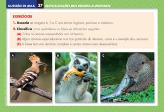 QUESTÃO DE AULA
©
AREAL
EDITORES
–
NCSI
5
–
Ciências
Naturais
–
5.º
ano
–
cód.
89452
EXERCÍCIOS
1. Associa as imagens A, B e C aos termos frugívoro, piscívoro e insetívoro.
2. Classifica como verdadeiras ou falsas as afirmações seguintes.
(A) 
Todos os animais representados são carnívoros.
(B) 
Alguns animais especializam-se num tipo particular de alimento, como é o exemplo dos piscívoros.
(C) 
A lontra terá uma dentição completa e dentes caninos bem desenvolvidos.
A B C
ESPECIALIZAÇÕES DOS REGIMES ALIMENTARES
37
NCSI5QA_20160029_P001_065_3P.indd 38 7/4/16 4:53 PM
 