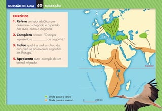 QUESTÃO DE AULA
©
AREAL
EDITORES
–
NCSI
5
–
Ciências
Naturais
–
5.º
ano
–
cód.
89452
N
N
2400 km
0
O
c
e
a
n
o
o
Í
n
Í
Í
d
ico
O
c
e
a
n
o
A
t
l
â
n
t
t
i
c
o
Equador
Onde passa o verão
Onde passa o inverno
N
N
2400 km
0
O
c
e
a
n
o
o
Í
n
Í
Í
d
ico
O
c
e
a
n
o
A
t
l
â
n
t
t
i
c
o
Equador
Onde passa o verão
Onde passa o inverno
MIGRAÇÃO
49
EXERCÍCIOS
1. 
Refere um fator abiótico que
determine a chegada e a partida
das aves, como a cegonha.
2. 
Completa a frase: “O mapa
representa a da cegonha.”
3. 
Indica qual é a melhor altura do
ano para se observarem cegonhas
em Portugal.
4. 
Apresenta outro exemplo de um
animal migrador.
NCSI5QA_20160029_P001_065_3P.indd 50 7/4/16 4:53 PM
 