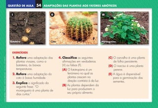 QUESTÃO DE AULA
©
AREAL
EDITORES
–
NCSI
5
–
Ciências
Naturais
–
5.º
ano
–
cód.
89452
ADAPTAÇÕES DAS PLANTAS AOS FATORES ABIÓTICOS
54
EXERCÍCIOS
1. Refere uma adaptação das
plantas vivazes, como a
batateira, às baixas
temperaturas.
2. Refere uma adaptação do
cato à baixa humidade.
3. Explica o significado da
seguinte frase: “O
morangueiro é uma planta de
dias curtos.”
4. Classifica as seguintes
afirmações em verdadeiras
(V) ou falsas (F).
(A) 
O fototropismo é um
fenómeno no qual as
plantas crescem na
direção contrária à da luz.
(B) 
As plantas dependem da
luz para produzirem o
seu próprio alimento.
(C) 
O carvalho é uma planta
de folha persistente.
(D) 
O narciso é uma planta
perene.
(E) 
A água é dispensável
para a germinação das
sementes.
I II III
Batateira Morangueiro
Cato
NCSI5QA_20160029_P001_065_3P.indd 55 7/4/16 4:54 PM
 