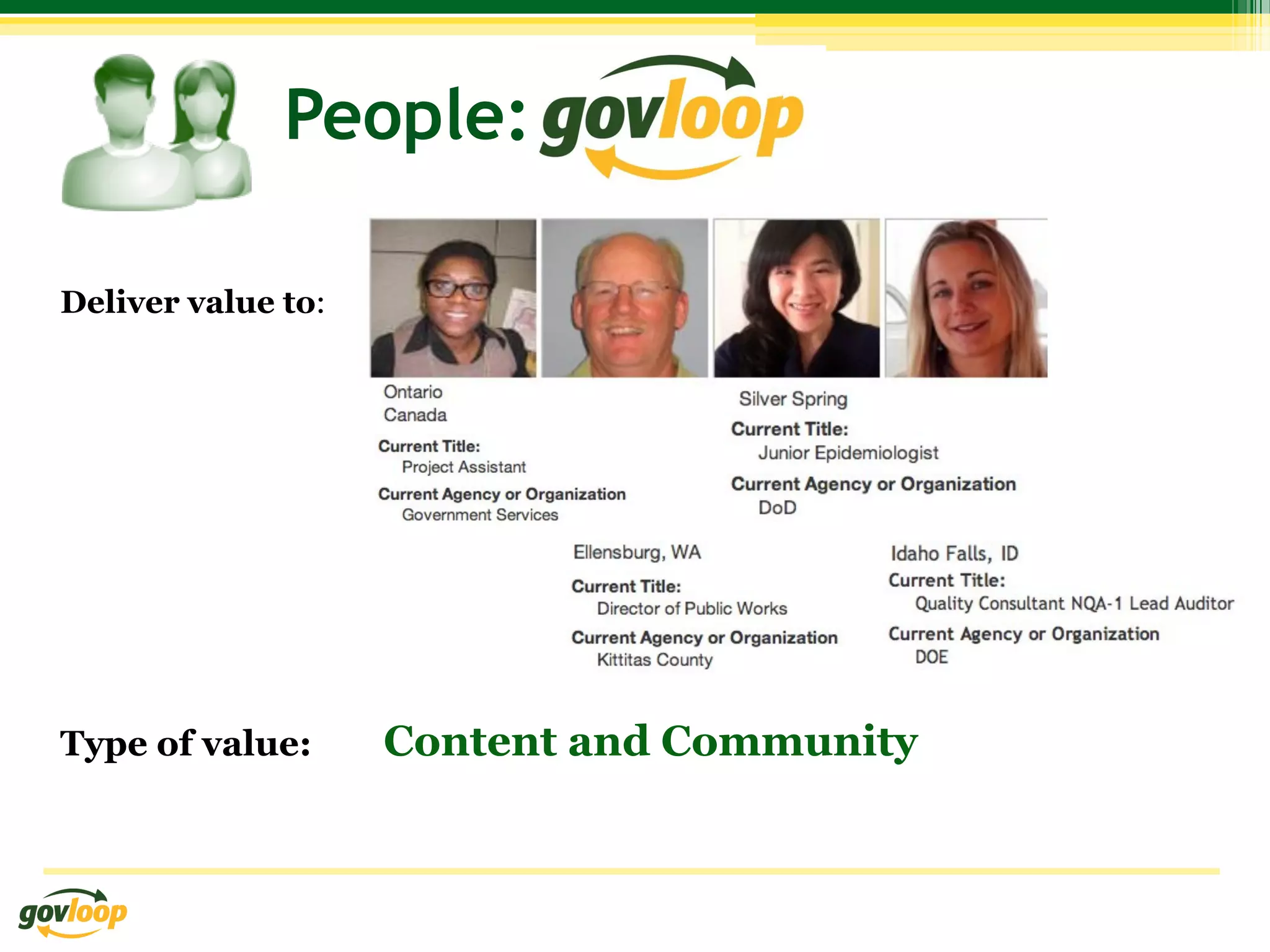 People:

Deliver value to:




Type of value:      Content and Community
 