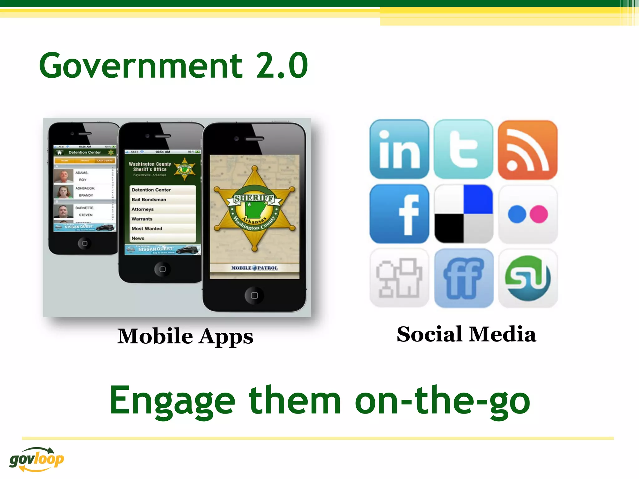 Government 2.0




    Mobile Apps   Social Media


   Engage them on-the-go
 