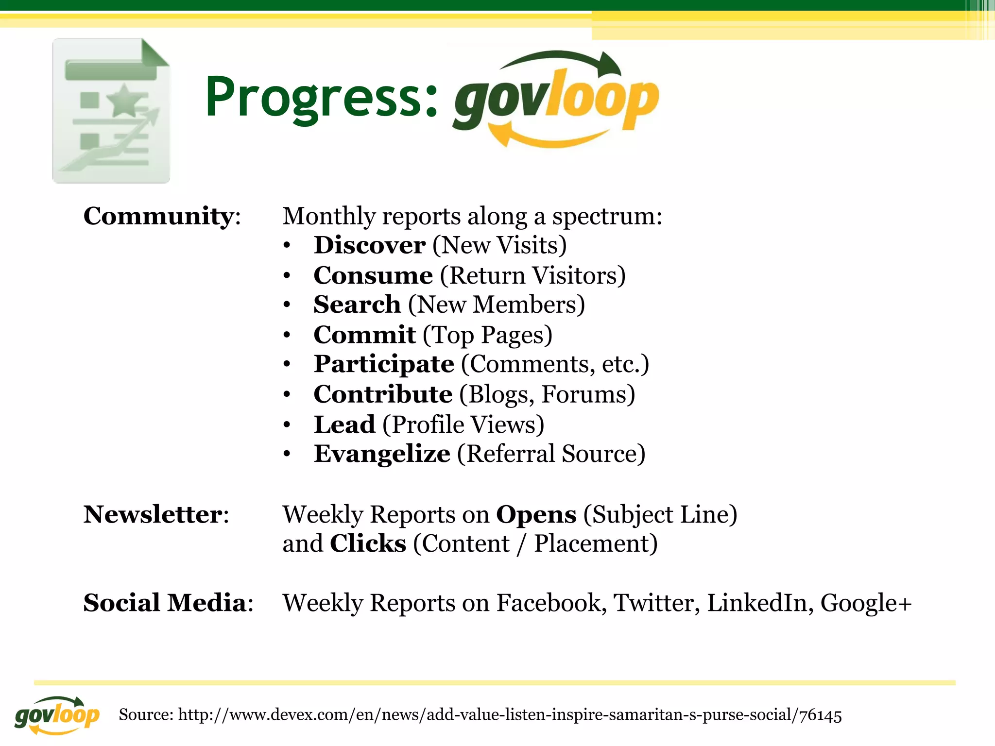 Progress:
Community:            Monthly reports along a spectrum:
                      •  Discover (New Visits)
                      •  Consume (Return Visitors)
                      •  Search (New Members)
                      •  Commit (Top Pages)
                      •  Participate (Comments, etc.)
                      •  Contribute (Blogs, Forums)
                      •  Lead (Profile Views)
                      •  Evangelize (Referral Source)

Newsletter:           Weekly Reports on Opens (Subject Line)
                      and Clicks (Content / Placement)

Social Media:         Weekly Reports on Facebook, Twitter, LinkedIn, Google+



  Source: http://www.devex.com/en/news/add-value-listen-inspire-samaritan-s-purse-social/76145
 