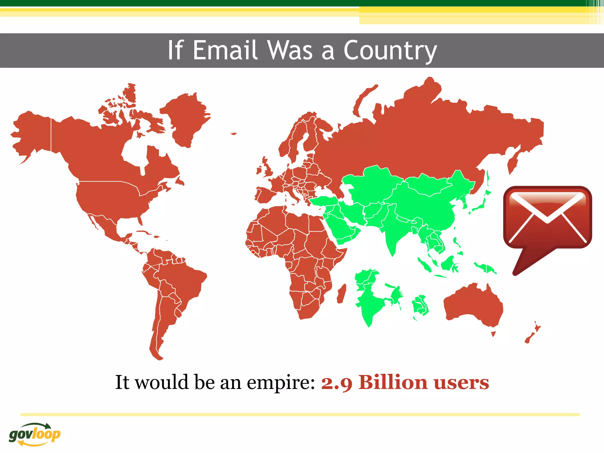 If Email Was a Country




It Covers Continents
 It would be an empire: 2.9 Billion users
 