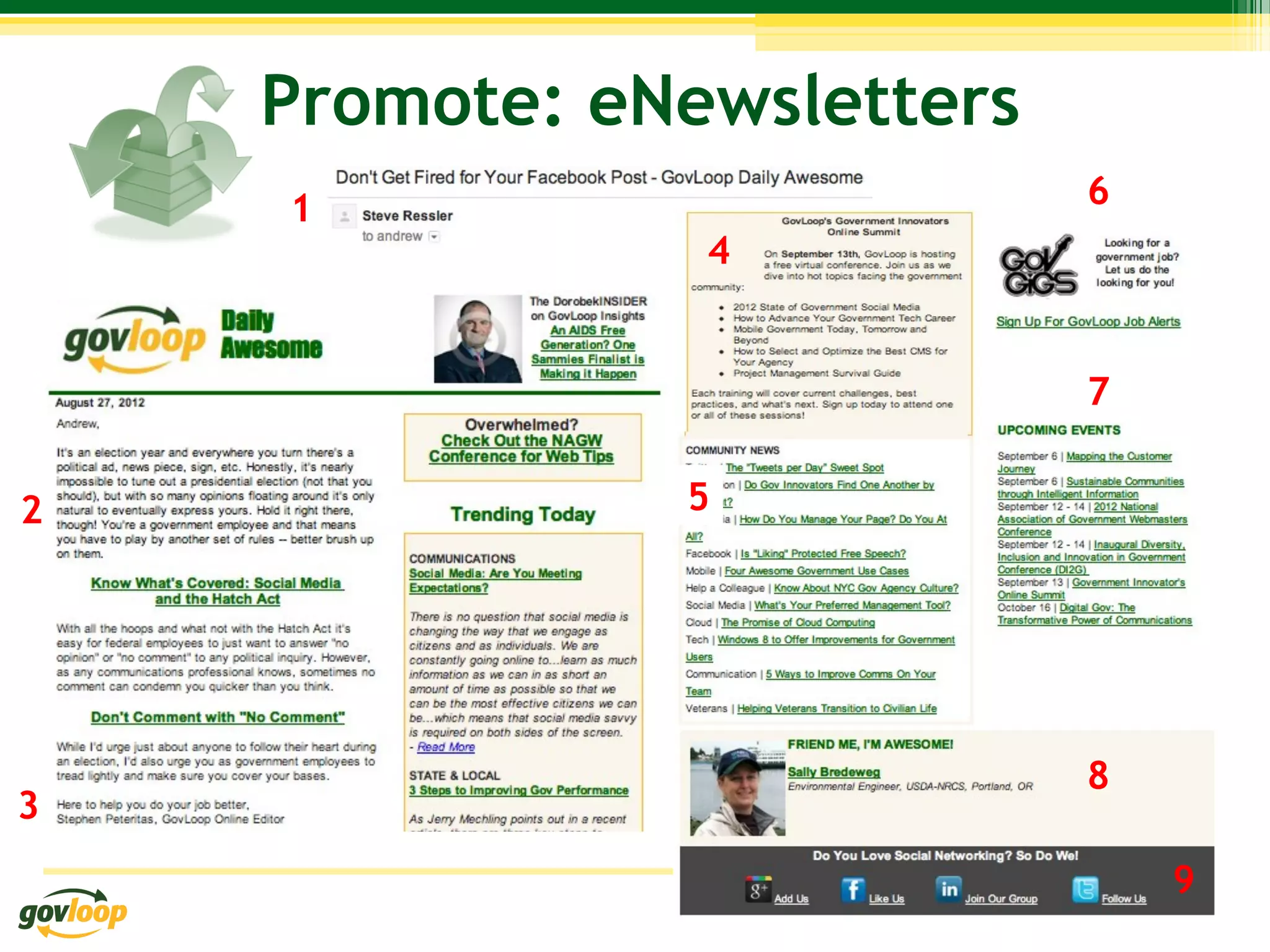 Promote: eNewsletters
    1                       6
                4


                            7


2              5




                            8
3
                                9
 