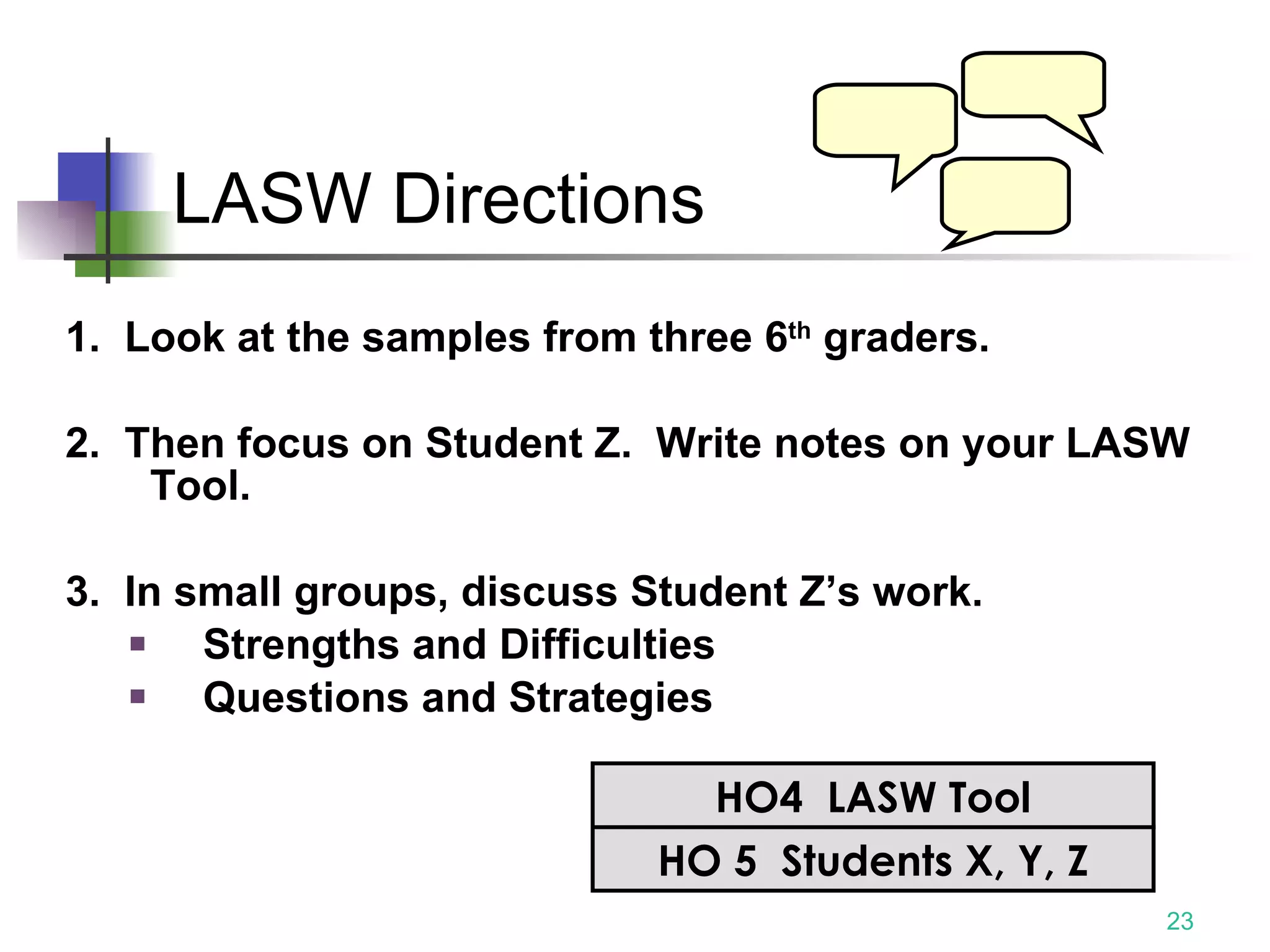 LASW Directions 1.  Look at the samples from three 6 th  graders.  2.  Then focus on Student Z.  Write notes on your LASW Tool. 3.  In small groups, discuss Student Z’s work. Strengths and Difficulties Questions and Strategies HO 5  Students X, Y, Z HO4  LASW Tool 