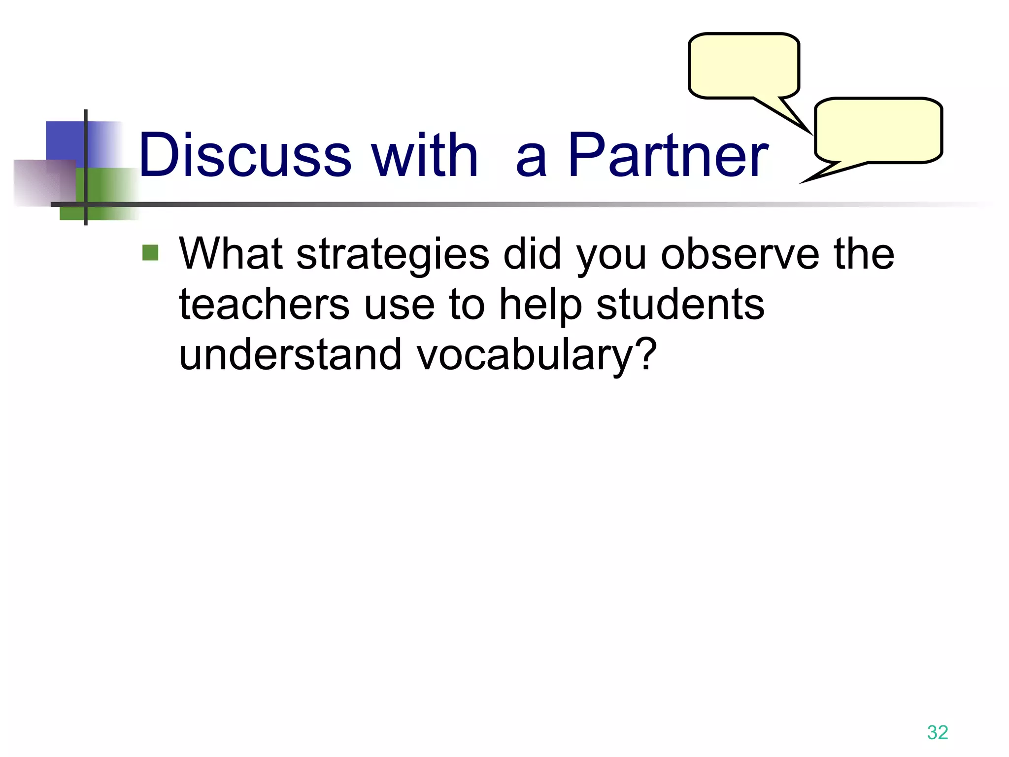 Discuss with  a Partner What strategies did you observe the teachers use to help students understand vocabulary? 