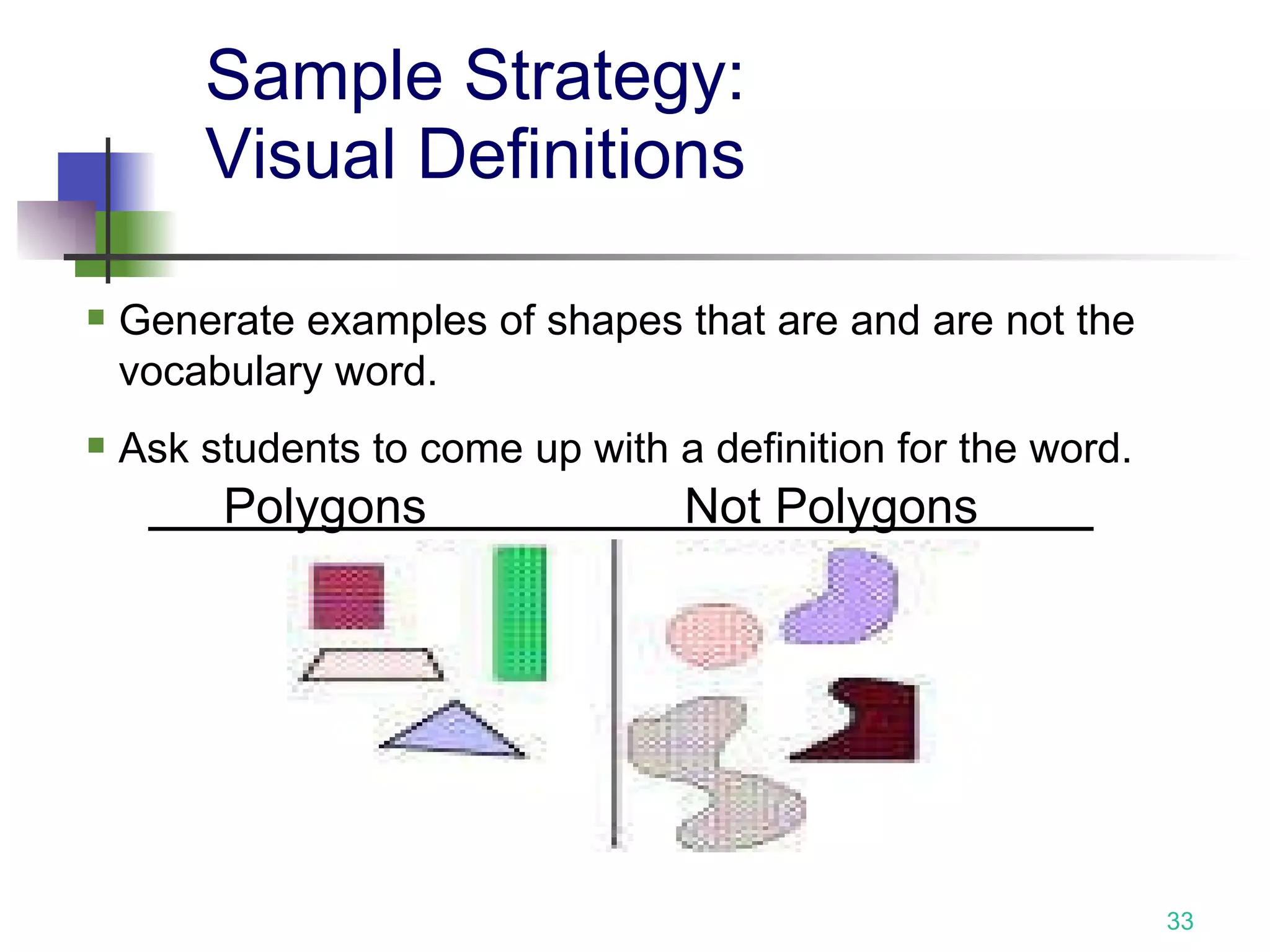 Sample Strategy:  Visual Definitions Polygons     Not Polygons Generate examples of shapes that are and are not the vocabulary word. Ask students to come up with a definition for the word. 