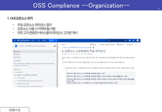 OSS Compliance –-Organization--	 2	
CC0-1.0	
1.사내오픈소스위키
-  주요오픈소스라이선스정리
-  오픈소스사용시지켜야할사항
-  이미고지완료한서비스들의라이선스고지문게시
 