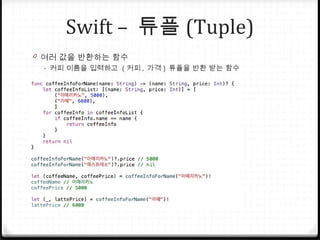 Swift – 튜플 (Tuple)
0 여러 값을 반환하는 함수
- 커피 이름을 입력하고 ( 커피 , 가격 ) 튜플을 반환 받는 함수
 