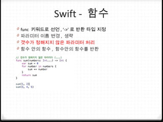 Swift - 함수
0 func 키워드로 선언 , ‘->’ 로 반환 타입 지정
0 파라미터 이름 변경 , 생략
0 갯수가 정해지지 않은 파라미터 처리
0 함수 안의 함수 , 함수안의 함수를 반환
 