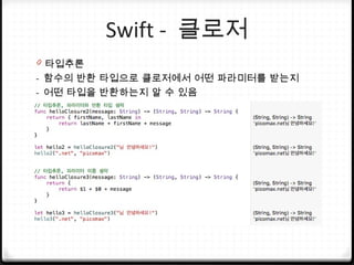 Swift - 클로저
0 타입추론
- 함수의 반환 타입으로 클로저에서 어떤 파라미터를 받는지
- 어떤 타입을 반환하는지 알 수 있음
 