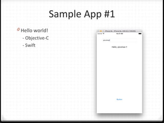 Sample App #1
0 Hello world!
- Objective-C
- Swift
 