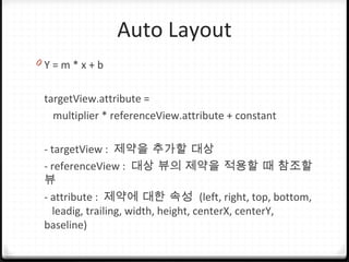 Auto Layout
0 Y = m * x + b
targetView.attribute =
multiplier * referenceView.attribute + constant
- targetView : 제약을 추가할 대상
- referenceView : 대상 뷰의 제약을 적용할 때 참조할
뷰
- attribute : 제약에 대한 속성 (left, right, top, bottom,
leadig, trailing, width, height, centerX, centerY,
baseline)
 
