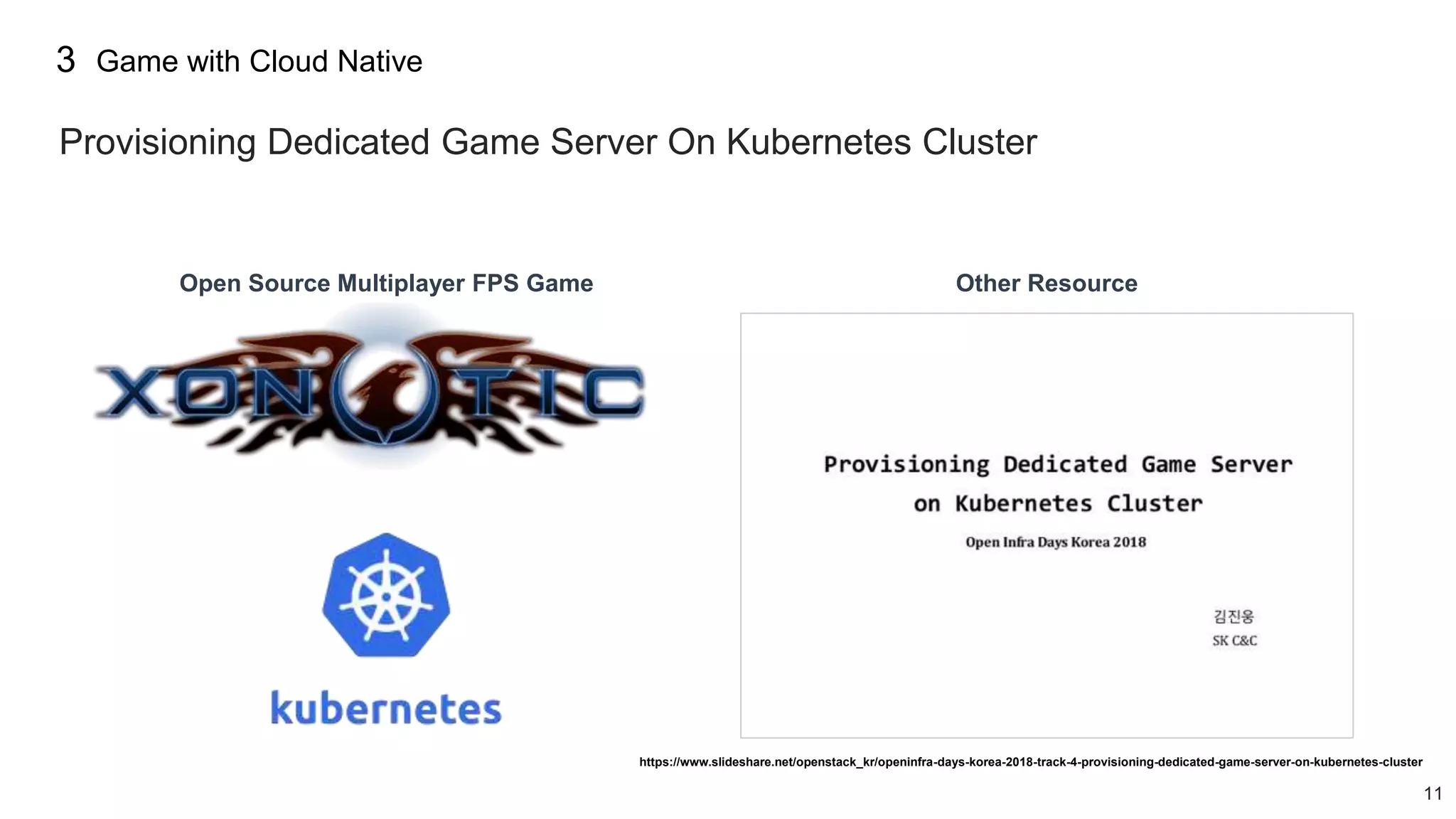 11
3 Game with Cloud Native
https://www.slideshare.net/openstack_kr/openinfra-days-korea-2018-track-4-provisioning-dedicated-game-server-on-kubernetes-cluster
Provisioning Dedicated Game Server On Kubernetes Cluster
Open Source Multiplayer FPS Game Other Resource
 