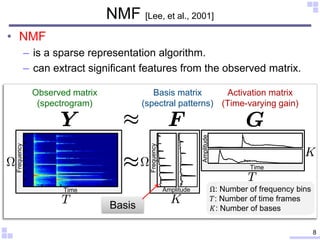 • NMF
– is a sparse representation algorithm.
– can extract significant features from the observed matrix.
NMF [Lee, et al...