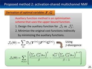 20
Using
-divergence
Proposed method 2: activation-shared multichannel NMF
Auxiliary function method is an optimization
sc...