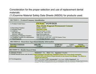 Consideration for the proper selection and use of replacement dental
materials:
(1) Examine Material Safety Data Sheets (MSDS) for products used.
 